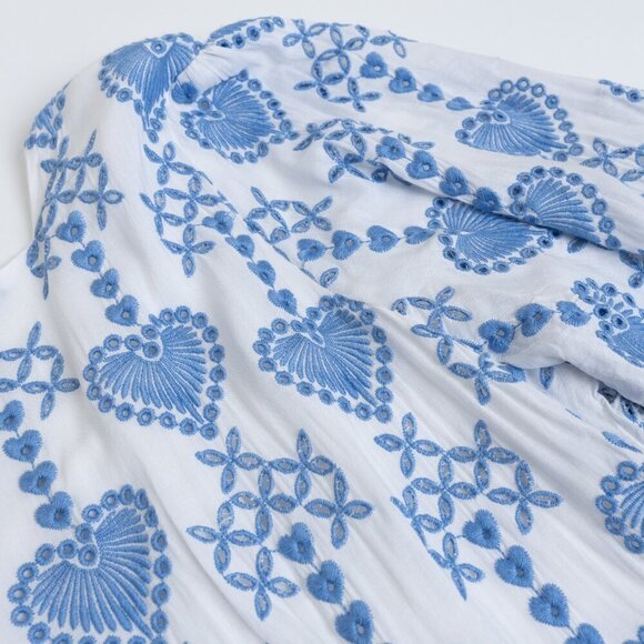 Johnny Was Dress White With Blue Embroidered Hearts Eyelet Button Up Boho Large - Picture 15 of 16